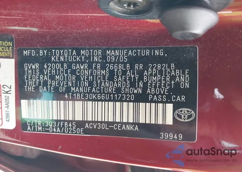 2006 Toyota Camry Le z USA, uszkodzony, nr VIN 4T1BE30K66U117320